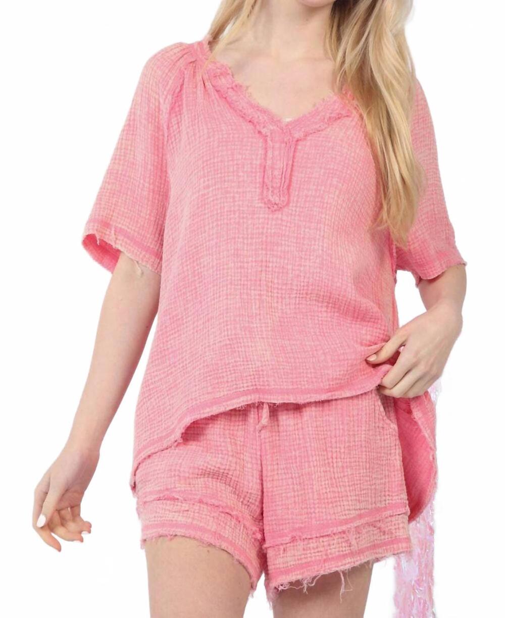 NEW VERY J washed cotton crinkle gauze top & shorts set - plus in pink